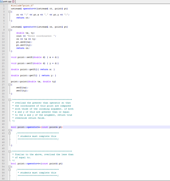 point.cpp 3 # include point . h ostream& operator<< (ostream& point& pt) ct, return ct istream& operator>> (istream& cn, po