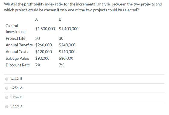 What is the profntability index ratio for the incremental analysis between the two projects and which project would be chosen