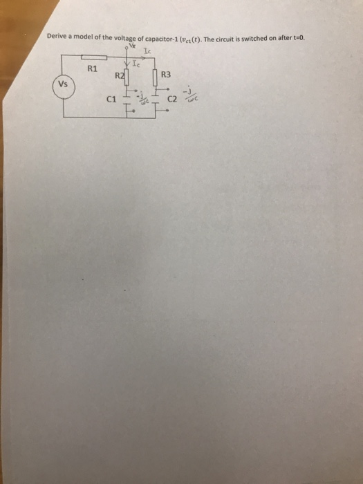 Derive a model of the voltage of capacitor-1 (ve(t). The circuit is switched on after t-o. Ic Ie R1 R3 Vs C1 일사 C2な