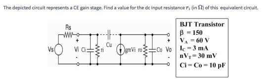 The depicted circuit represents a CE gain stage. Find a value for the dc input resistance ri (in Ω) of this equivalent circui