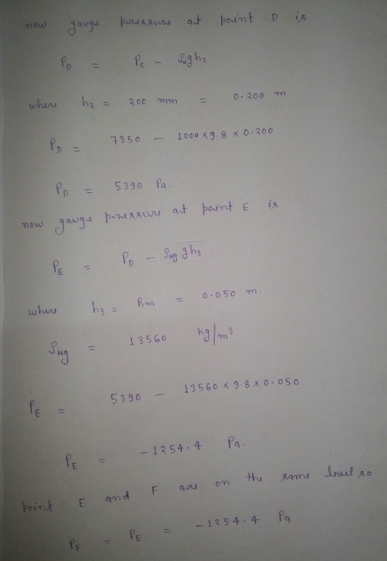 putussuu mow Jaugu aut pount D is Pe whir ha 0-200 200 7350 1000X9.8 x 0.200 539o Pa gaugu busLwu at pouint E i mow Pr Rm whu