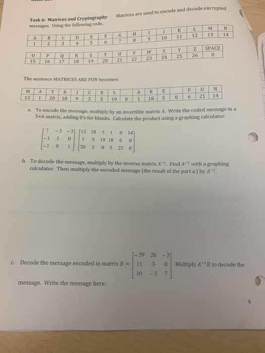 Matrices are used to encode and decode encrypted 6: Matrices and Cryptography messages. Using the following code, Task KİLİMİ