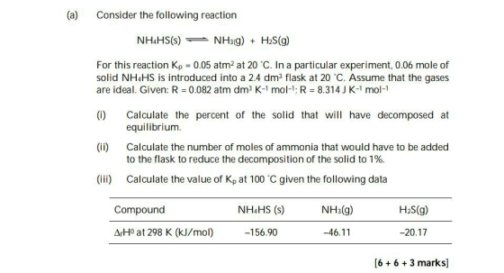 (a) Consider the following reaction NH4HS(S) NH3g) H2S(g) For this reaction Kp 0.05 atm2 at 20 C. In a particular experiment,