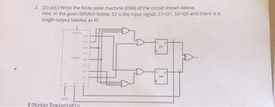 2. (20 pts.) Write the finite state machine (FSM) of the circuit shown below. Hint: In the given DEMUX below, S2 is the input