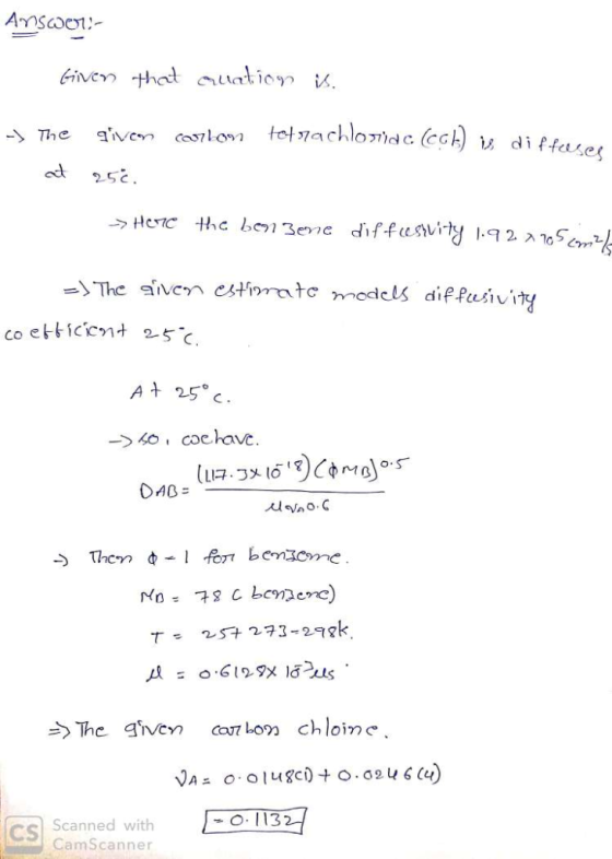 Ansoot biven that uation . tot 7achloidc ch given ca10m The diffases 252 Henc thc ben 3ene diffesvity .92.0 The aiven estimat