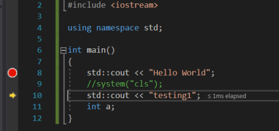 #include <iostream> 2 3 using namespace std; 4 5 Eint main() { std::cout << Hello World; //system(cls); std::cout << tes