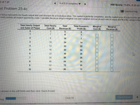 0 of 1 pt 4 of 8 (8 complete) HW Score: 75.6%, 6.05 of 8 xt Problem 23-4c Question Help below represents the hourly output an