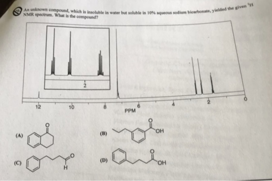 unknown compound, which is insoluble in water but soluble in 10% aqueous NMR spectrum. What is the compound? ielded the given