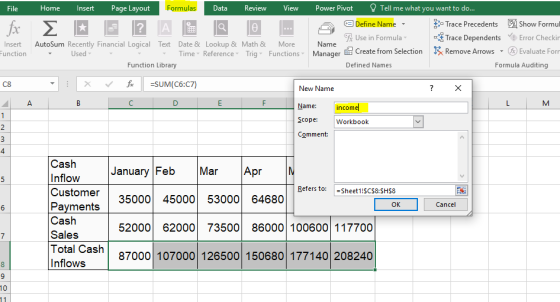 Page Layout Home Insert Formulas Data Review View Power Pivot Tell me what you want to do... File 2 A fx Define Name Show For