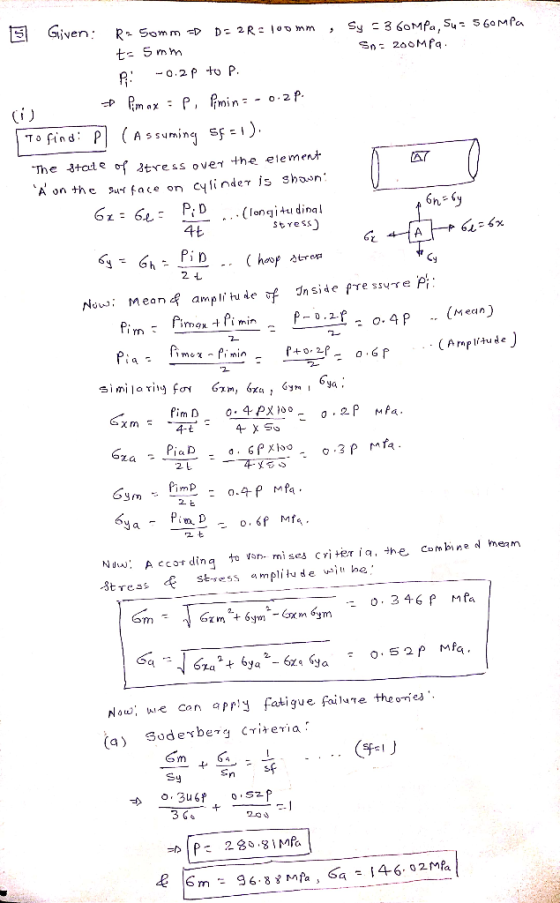 S Given Sy 3 6oMPa, Su 560MPa Sn 200M fa RSom m D D 2R: oD mm t- Smm -o.2P to P. P, Amin = - o-2P. fm ax To find PAssuming sf