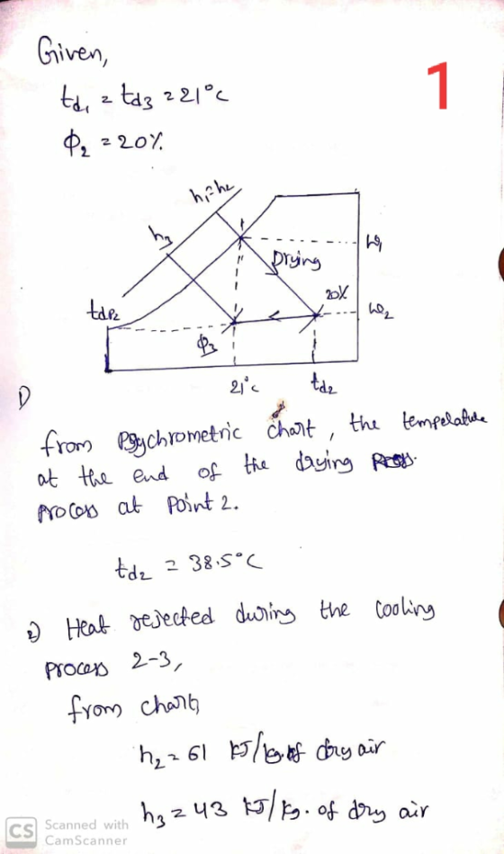 Given 1 2 20 hehe prying from ychrometric cht at the end Moo at Polnt 2 the empelah 38.SC tde Heat bedected duin the Cooling