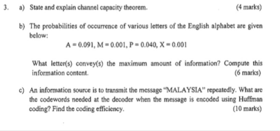 3. State and explain channel capacity theorem. (4 marks) a) b) The probabilities of occurrence of various letters of the Engl