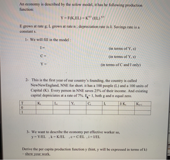 An economy is described by the solow model, it has he following production function: Y= F(K,EL) K5 (EL) 0.5 E grows at rate g