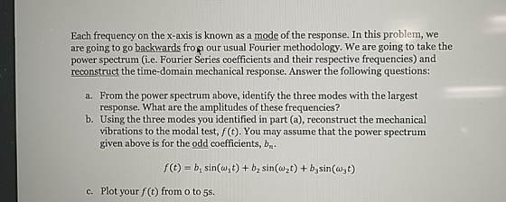 Each frequency on the x-axis is known as a mode of the response. In this problem, we are going to go backwards frop our usual