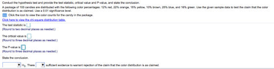 Conduct the hypothesis test and provide the test statistic, critical value and P-value, and state the conclusion. A package o