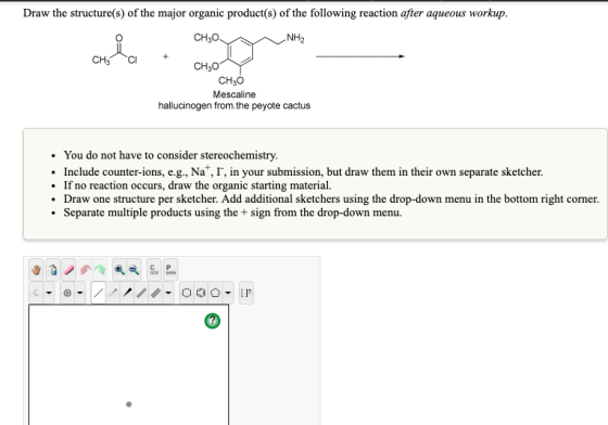Draw the structure(s) of the major organic product(s) of the following reaction after aqueous workup. CH3O Mescaline hallucin