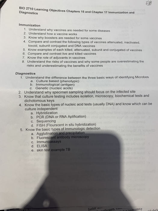 BIO 2710 Learning Objectives Chapters 15 and Chapter 17 1mmunization and Diagnostics Immunization 1. Understand why vaccines