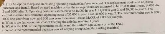 4. (17) An option to replace an existing operating machine has been received. The replacement would cost 45,000 to purchase a