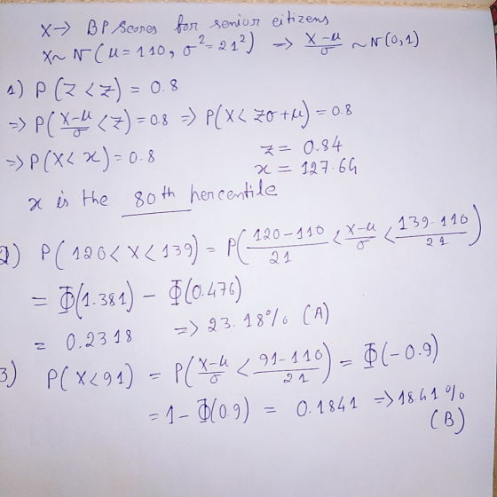 BP Seones for senior eihzens - 2 12) 2 -NC0,1) 4) P (z) O.8 - 0.8 P(Xot 0.8 P(X x)- 0.84 x127.6G 0-8 x the 80th hen centile )