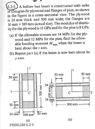 .2-5 A hollow box beam is constructed with webs ouglas-fir plywood and flanges of pine, as shown in the figure in a cross-sec