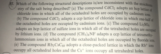 I. Which of the following structural descriptions is/are inconsistent with the stoichion etry of the salt being described? (a