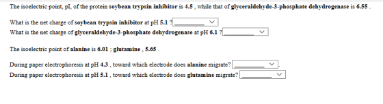 The isoelectric point, pI, of the protein soybean trypsin inhibitor is 4.5 , while that of glyceraldehyde-3-phosphate dehydro
