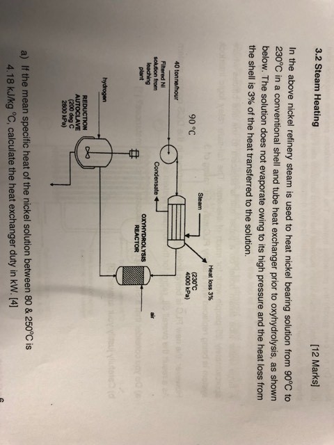 3.2 Steam Heating [12 Marks In the above nickel refinery steam is used to heat nickel bearing solution from 90°C to 230°C in