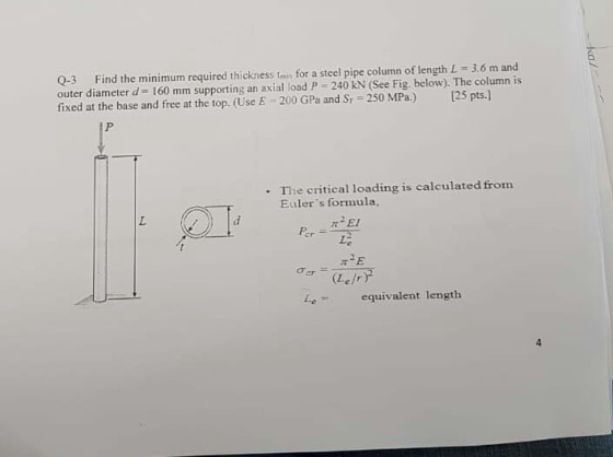 Find the minimum required thickness tmin for a steel pipe column of length L-3.6 m and [25 pts.] Q-3 outer diameter d=160 mm