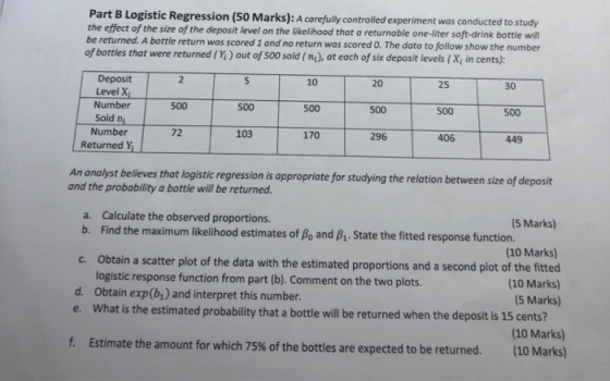Part B Logistic Regression (50 Marks): A carefully controlled experiment was conducted to study the effect of the size of the