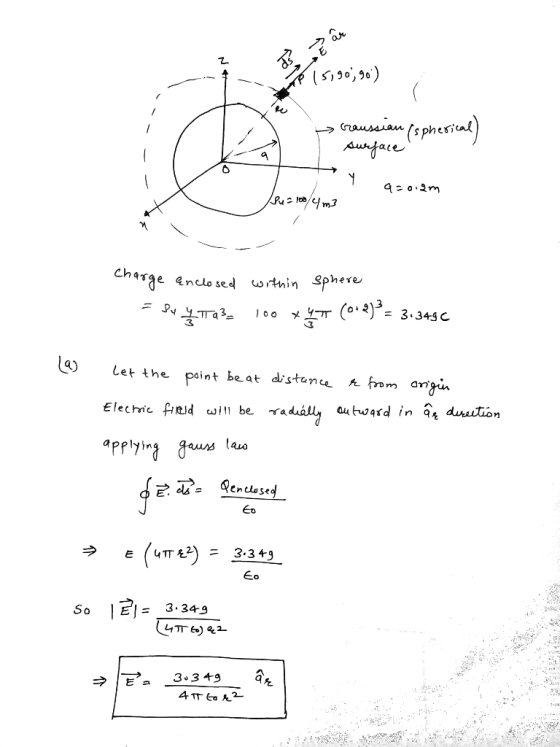 rausaiau Aurface o 2m lo/m3 charge witnin Sphere enclo sed (o+2)3 ya3 3.349C Let the point be at distane f from angun 9duaut