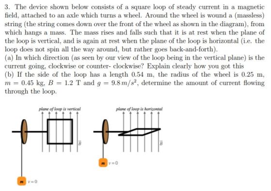 3. The device shown below consists of a square loop of steady current in a magnetic field, attached to an axle which turns a