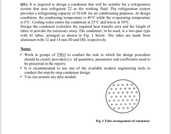 Q1): It is required to design a condenser that wl be suitable for a refrigeration system that uses refrigerant 22 as the work