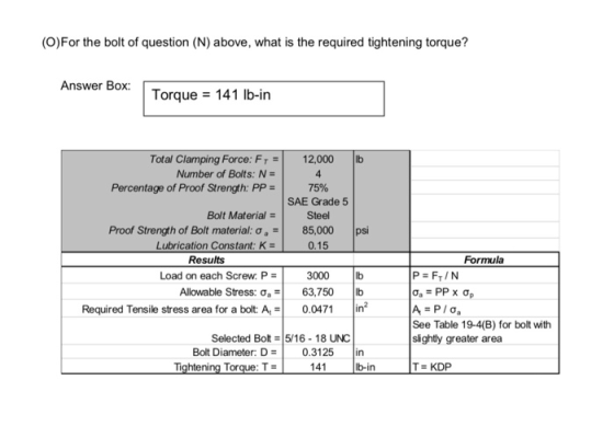 (O)For the bolt of question (N) above, what is the required tightening torque? Answer Box: Torque 141 lb-in Total Clamping Fo