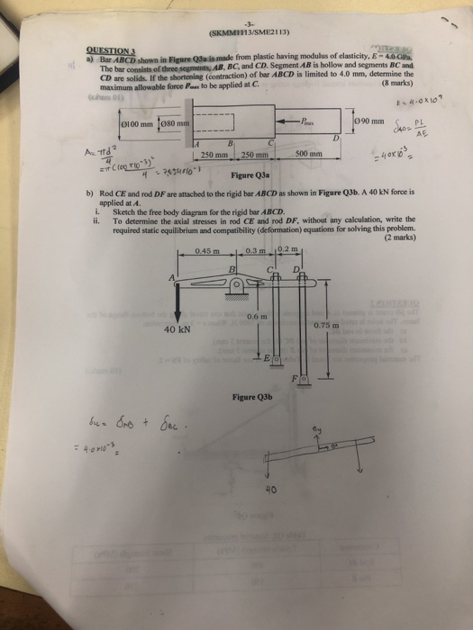3- (SKMMIH3/SME2113) from plastic having modulus of elasticity, E-4.0GPa a) Bar ABCD shown in Figure Q3a is made The bar cons