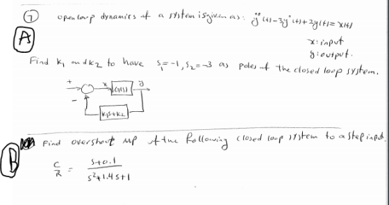pen lop dynamits af a ststem isgvin e output Poles t the closed tovp system. Find k n d kz to have S -1 KIS+K2 tosed toof sh