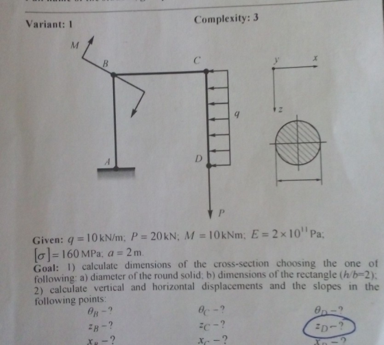 Complexity: 3 Variant: 1 Given: q = 10 kN/m: P = 20 kN; M = 10 kNm; E = 2 × 1011 Pa; ]- 160 MPa. a-2m Goal: 1) calculate dime