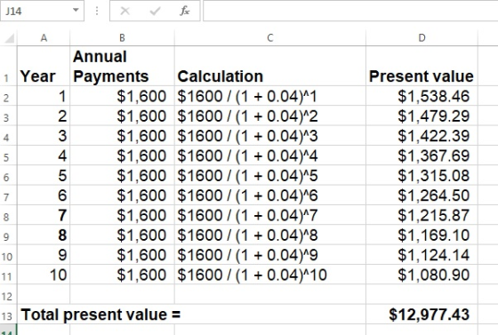 fox J14 A B C Annual Year Payments Calculation Present value 1 $1,600 $1600/ (10.04 1 $1,600 $1600 / (10.04 2 $1,600 $1600 /