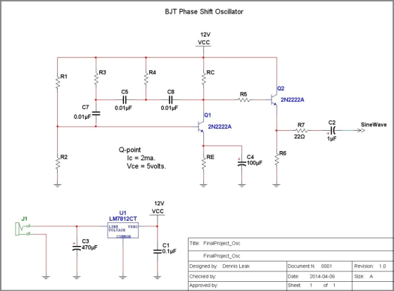 BJT Phase Shift Oscillator 12V VCC R3 R4 RC R1 Q2 C5 C8 R5 2N2222A C7 0.01HF 0.01HF 0.01 μF Q1 R7 C2 SineWave 2N2222A 22Ω Q-p