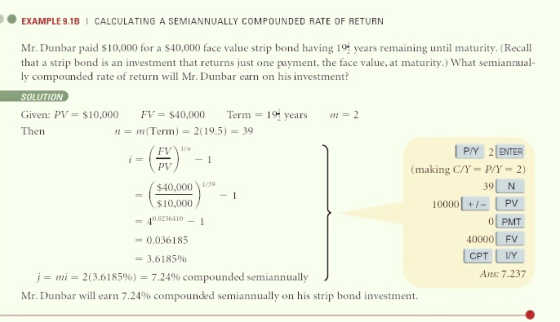 ● EXAMPLE 9.1B | CALCULATING A SEMIANNUALLY COMPOUNDED RATE OF RETURN Mr. Dunbar paid $10,000 for a S40,000 face value strip