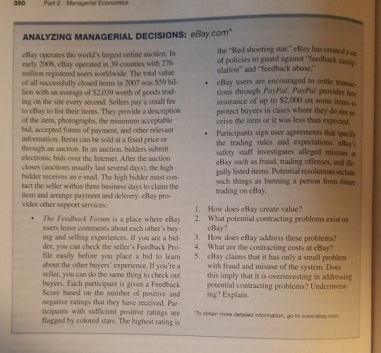 Part 2 Econonm ge ANALYZING MANAGERIAL DECISIONS: eBay.com the Red shooting star. eBay has created a se of policies to guar