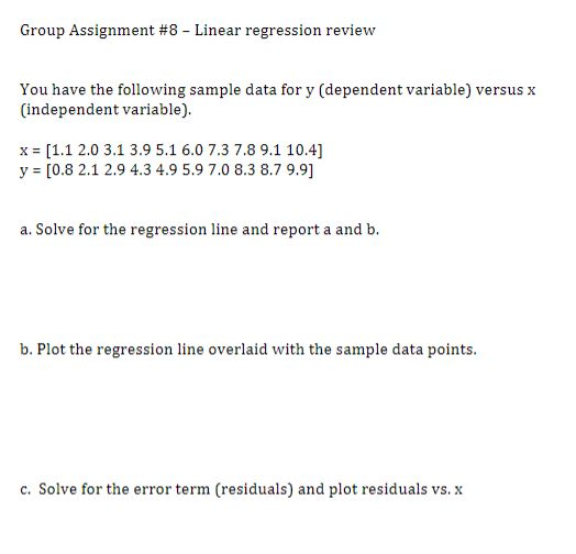 Group Assignment #8-Linear regression review You have the following sample data for y (dependent variable) versus x (independ