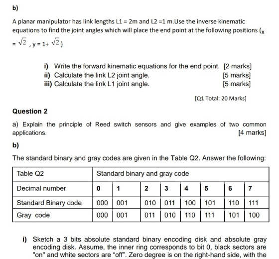 b) A planar manipulator has link lengths L1 2m and L2-1 m.Use the inverse kinematic equations to find the joint angles which