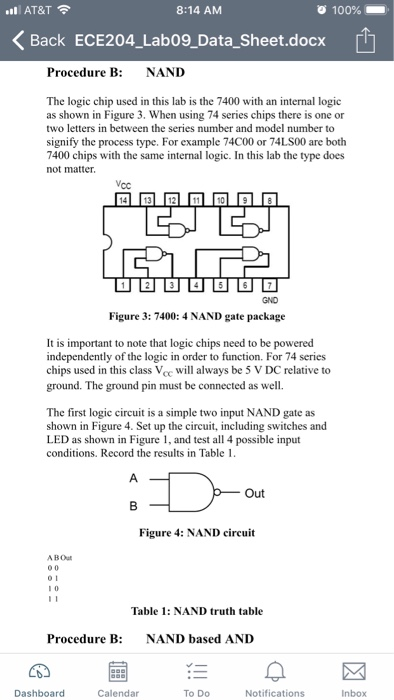 AT&T 8:14 AM 100% < Back ECE204.Lab09-DataSheet.docx Гђ Procedure B: NAND The logic chip used in this lab is the 7400 with an