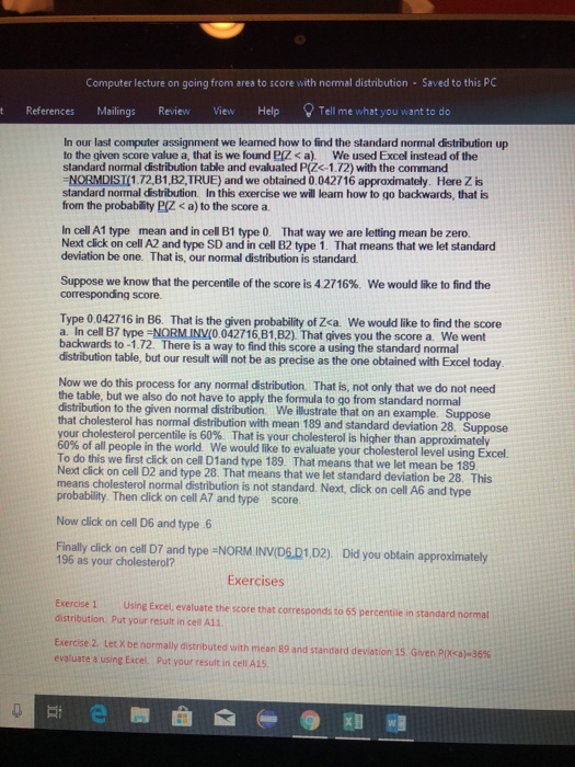 Computer lecture on going from area to score with normal distribution - Saved to this PC t References Mailings Review View He