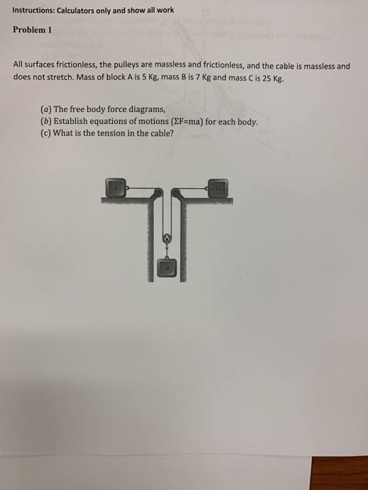 Instructions: Calculators only and show all work Problem 1 All surfaces frictionless, the pulleys are massless and frictionle
