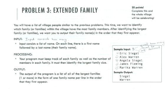20 points! PROBLEM 3: EXTENDED FAMILY Complete this and the whole village will be celebrating! You will have a list of villag