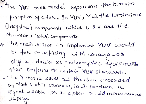 The Yuv colo model neprs enk the hurnan colox. gn Yuv, Yui the luminane Percaphon the (bightne) components cuhle U V are chro