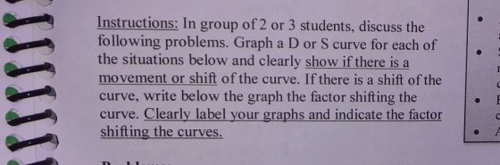 Instructions: In group of 2 or 3 students, discuss the following problems. Graph a D or S curve for each of the situations be