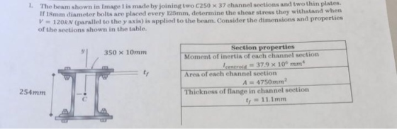 The beam shown in Image 1 is made by joining two C250 x 37 channel sections and two thin plates If 18mm diameter bolts are pl