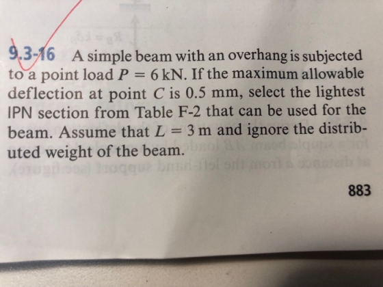 3-16 A simple beam with an overhang is subjected to a point load P 6 kN. If the maximum allowable deflection at point C is 0.